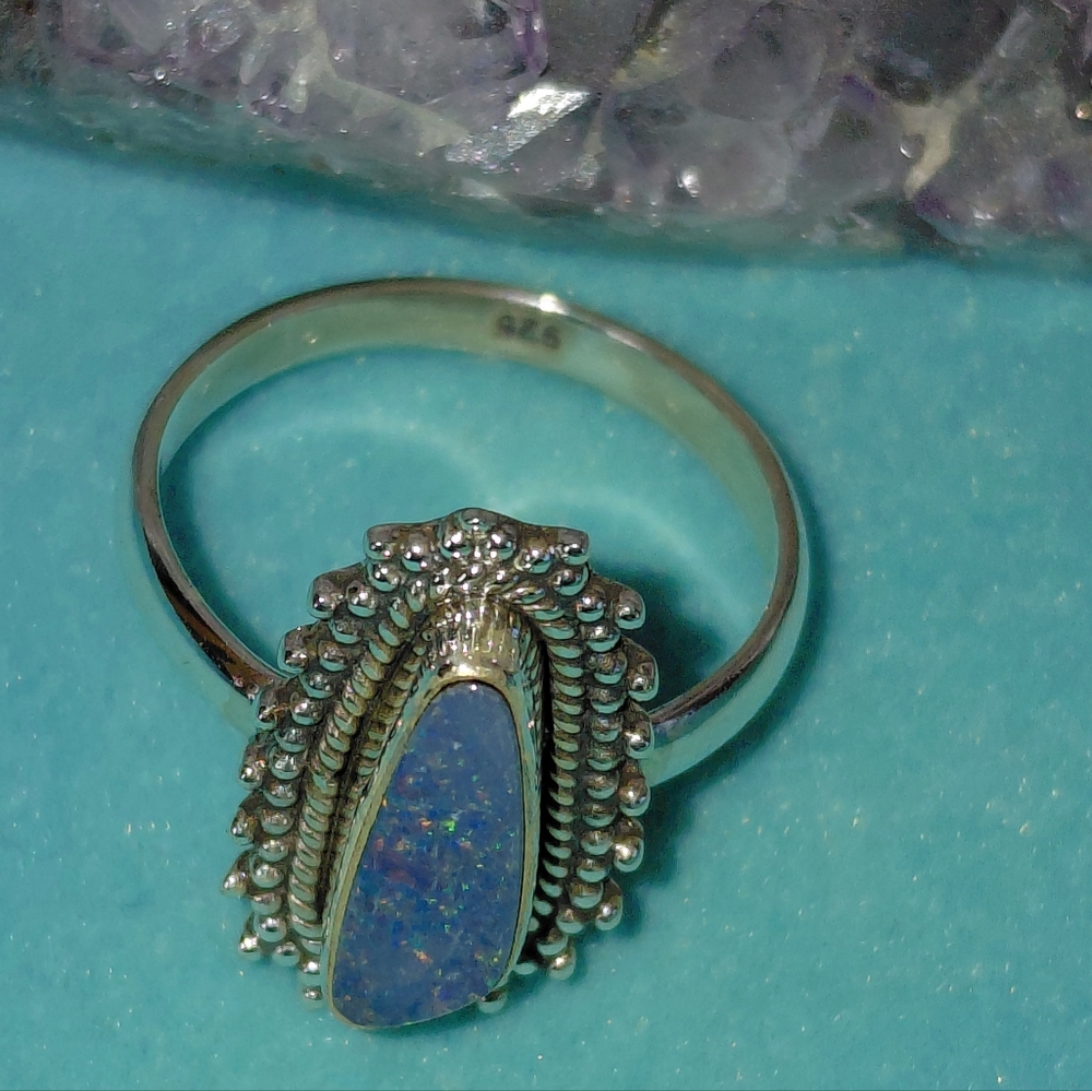 Sterling Silver Australian Opal Teardrop Ring Size 6.75 - Picture 7 of 14